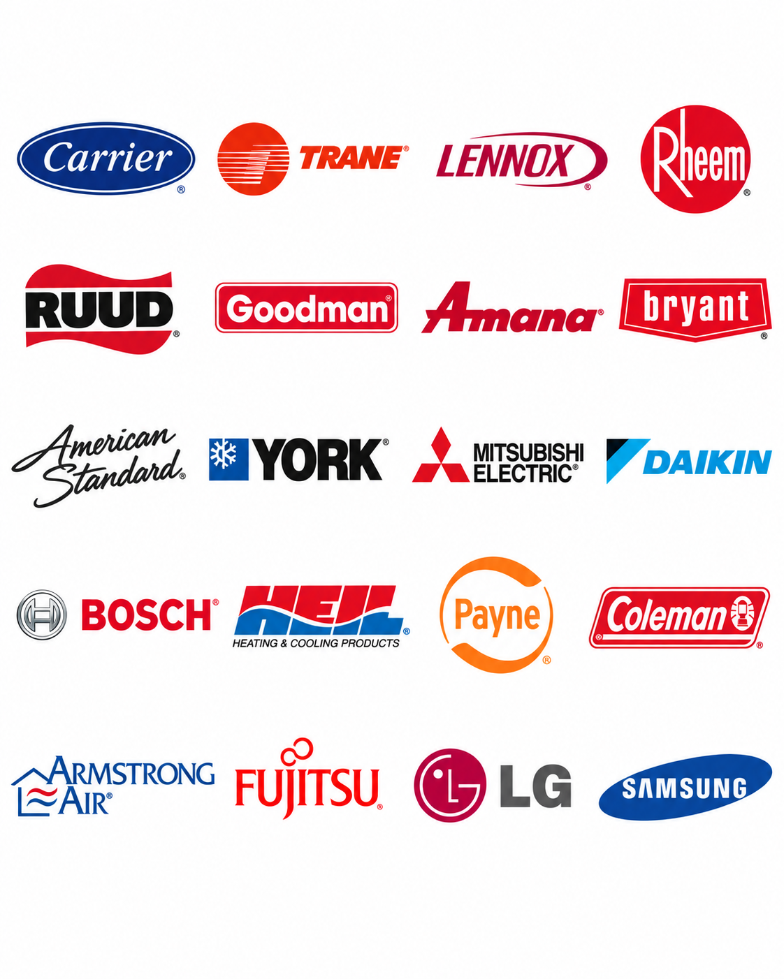 The HVAC brands we service including Carrier, Trane, Lennox, Rheem, Goodman, Daikin, and more