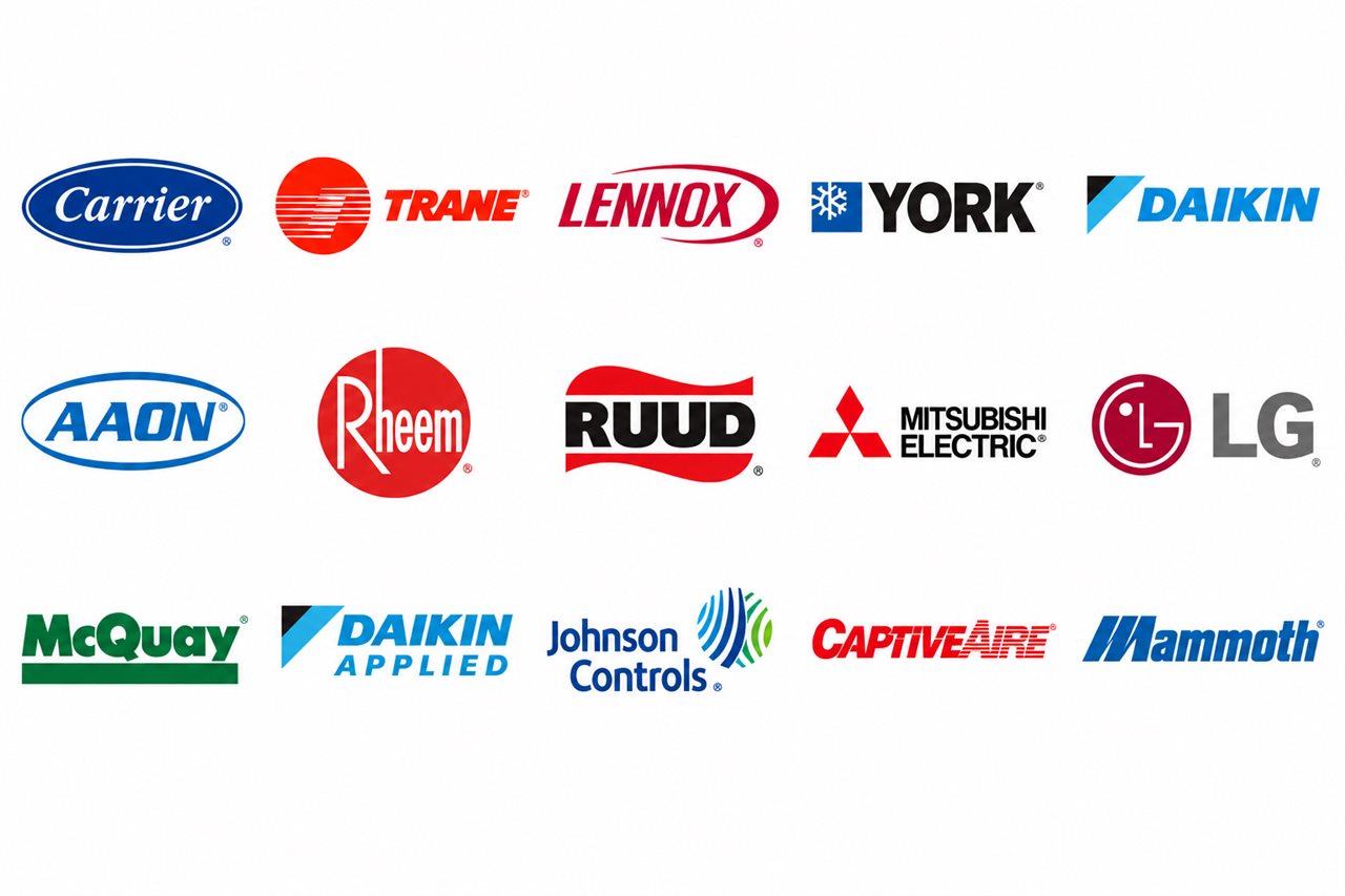 The commercial HVAC brands we service including Carrier, Trane, Lennox, York, Daikin, and more
